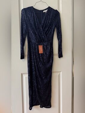 Women's Navy Sequin Wrap-Front Evening Dress | Ivy City Co